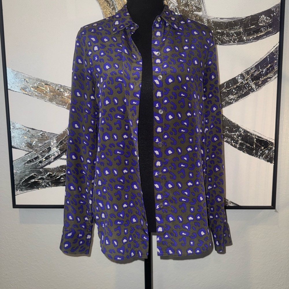 Joe Fresh Purple and Olive Leopard Print Blouse - Picture 1 of 5